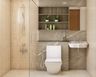 Dual-Toned Grey And Brown Bathroom Design With Glass Partition, Open Wall Storage And Rectangular Mirror - Livspace