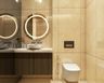 Bathroom Design With Beige Rectangular Wall Tiles, Dark Wood Vanity Unit. Round Mirror And Glossy Accent Wall - Livspace