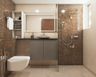Compact Bathroom Design With Dark Brown Marble Walls, Dark Grey Vanity Unit And Glass Partiton - Livspace
