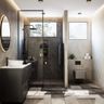 Grey And White Bathroom Spacious Bathroom Design With Geometric Flooring - Livspace
