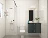 Bathroom Design With Rectangular Mirror, Grey Vanity Unit, White Wall Tiles And Grey Flooring - Livspace