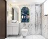 Art Deco Marble Bathroom Design With Arched Mirror, Pendant Light And White Cabinet - Livspace