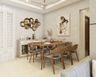 Spacious Dining Room Design With 6-Seater Modern Grey And Wood Dining Table, Beige And White Crockery Unit And Gold Wall Decor - Livspace