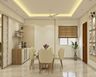 Spacious Dining Room Design With 6-Seater White And Beige Dining Table With Brass Legs, Wood And White Crockery Unit - Livspace