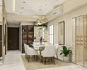 Spacious 6-Seater All-White Dining Room Design With Ornate Drop Down Lights, Black Crockery Unit And Bevelled Mirror Panel - Livspace