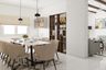 Spacious 8-Seater Beige And White Dining Room Design With Beige Crockery Unit And Wooden Open Shelf Storage - Livspace