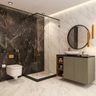 Spacious Black And White Marble Bathroom Design With Grey Vanity Unit, Round Mirror And Glass Partition - Livspace