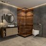 Spacious Grey And Wood Bathroom Design With Beige Vanity Unit, Circular Mirror, Wooden Shower Area And Black-Framed Glass Partition - Livspace