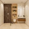Tri-Toned Bathroom Design With Dark Brown Geometric Shower Accent Wall, Light Wood WC Accent Wall With Wall Niche, Wooden Vanity Unit And Rectangular Mirror - Livspace