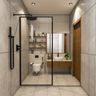 Bathroom Design With Grey And Off-White Bathroom Tiles, Wooden Storage Unit, Square Mirror And Black-Framed Glass Partition - Livspace