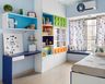 Contemporary Home Office Design With Blue Open Storage And Tall Storage Unit For Kids - Livspace