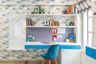 Contemporary Home Office Design In Blue And White With Geometric Wallpaper - Livspace