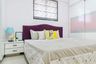 Kids Bedroom Design With Queen-Size Bed And Purple Headboard, White Side Table And 2-Door White Sliding Wardrobe - Livspace