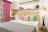 Kids Bedroom Design With Dual-Toned Headboard, Floral Side Table, White Study Table And Rattan Drop Down Light - Livspace
