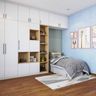 Spacious Scandinavian Kids Room Design With White 6-Door Swing Wardrobe, Blue Constellation-Themed Wallpaper And Wooden Flooring - Livspace
