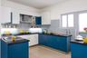 Blue And White U-Shaped Modular Kitchen Design With Leaf-Patterned Backsplash And Granite Countertop - Livspace