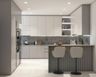 Beige And Grey Modular Regalia Kitchen Design With Panelled Breakfast Counter, Grey Backsplash And Under-Cabinet Lighting - Livspace