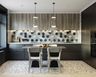 Spacious Wood And Black Open Kitchen Design With Tri-Toned Hexagonal Kitchen Dado Tiles, 4-Seater Dining Table, Multicoloured Flooring Design And Tall Appliance Unit - Livspace