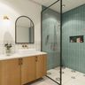 Contemporary Bathroom Design With Sea Green Tiles And Wooden Vanity Unit - Livspace