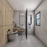 Bathroom Design with Wooden Vanity Unit, Wodoen Wall, Marble Wall and Glass Partition - Livspace