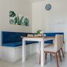 Beige And Wood 2-Seater Dining Room Design With Blue L-Shaped Seater - Livspace