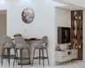Dining Room Design With 4 High Chairs In Grey, Wall-Mounted White TV Console And Open Bar Shelf - Livspace