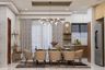 8-Seater Beige Dining Room Design With Wall-Mounted Mandir Unit With Shelves - Livspace