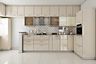 Modern Champagne L-Shaped Kitchen Design with Corian Countertops, High Gloss Laminate Finish Shutters, and Geometric White and Brown Backsplash - Livspace