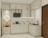 Contemporary Frosty White L-Shaped Kitchen Design with High-Gloss Finish and Integrated Mandir Unit - Livspace