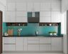 Contemporary White Parallel Kitchen Design with High Gloss Finish and Turquoise Subway Dado Tiles - Livspace