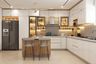 Modern White Island Kitchen Design with High Gloss Finish and Breakfast Counter - Livspace