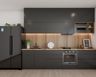 Modern Dark Grey Open Kitchen Design with Wooden Countertops - Livspace
