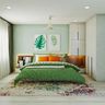 Green Space-Saving Master Bedroom With Leafy Artwork And Swing White Wardrobe - Livspace