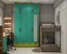 Space-Saving Kids Bedroom with Turquoise and Green Swing Wardrobe and Bunk Bed - Livspace