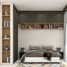 Efficient Bedroom Design with Dark Green Sliding Wardrobe and L-Shaped Loft Storage - Livspace