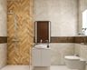 Beige And Wood Bathroom Tile Design With Highlighter Herringbone Wooden Wall And Beige Ceramic Tiles - Livspace