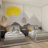 Multicoloured Contemporary Bedroom Wallpaper Design For Kids With Sun And Mountain Patterning - Livspace