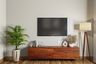 Wooden Floor-Mounted Modern TV Unit Design With Wooden Flooring, Potted Plant And Floor Lamp - Livspace