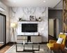 Pumic Grey And Black TV Console With White Marble Accent Wall, Wall-Mounted Ledge, Floor Lamp And Yellow Accent Chair - Livspace