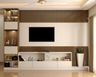 Spacious Floor-To-Ceiling TV Unit Design With A White Storage Unit, White And Wood TV Unit With Open Shelves And Wooden Fluted Panels - Livspace
