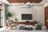 Modern Wooden TV Unit Design WIth Wall-Mounted Console, White And Wood Accent Chair And Wooden-Rafters False Ceiling - Livspace
