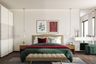 White Bedroom Wall Paint Design With Colourful Queen-Sized Bed, Dressing Unit And Wardrobe - Livspace