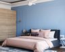 Bright Blue Coastal Wall Paint Design For Bedroom With Dark Blue Bed And Wooden Wardrobe - Livspace