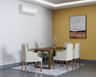 White Brick Wallpaper Design For Dining Rooms With 6-Seater Beige-Wood Dining Table And Yellow Adjacent Wall - Livspace