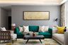 Living Room With Textured Grey Wallpaper And Turquoise Blue Sofa - Livspace