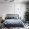 Nature Themed White, Grey And Light Blue Bedroom Wallpaper Design With Blue Bed And Rattan Headboard - Livspace