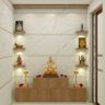 Floor-Mounted Stepped Wooden Mandir Design With Wall-Mounted Ledges And Marble Accent Wall - Livspace
