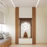 Wall-Mounted Contemporary Mandir Design With White Push-To-Open Drawer, Wooden Wall Panels And Dark Wood Detailing - Livspace