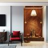 Wood-Panelled Mandir Design With Floor-Mounted Storage Unit, Hanging Light And Bells - Livspace