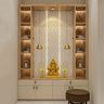 Open Floor-Mounted Beige And Wood Mandir Unit Design With Drawer And Cabinet Storage - Livspace